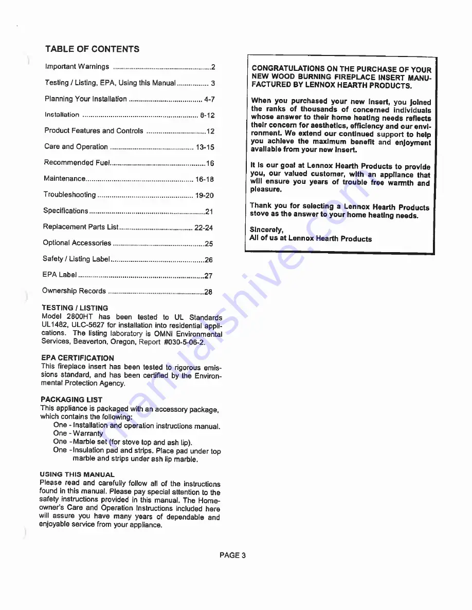 Earth Stove 2800HT Installation And Operation Manual Download Page 3