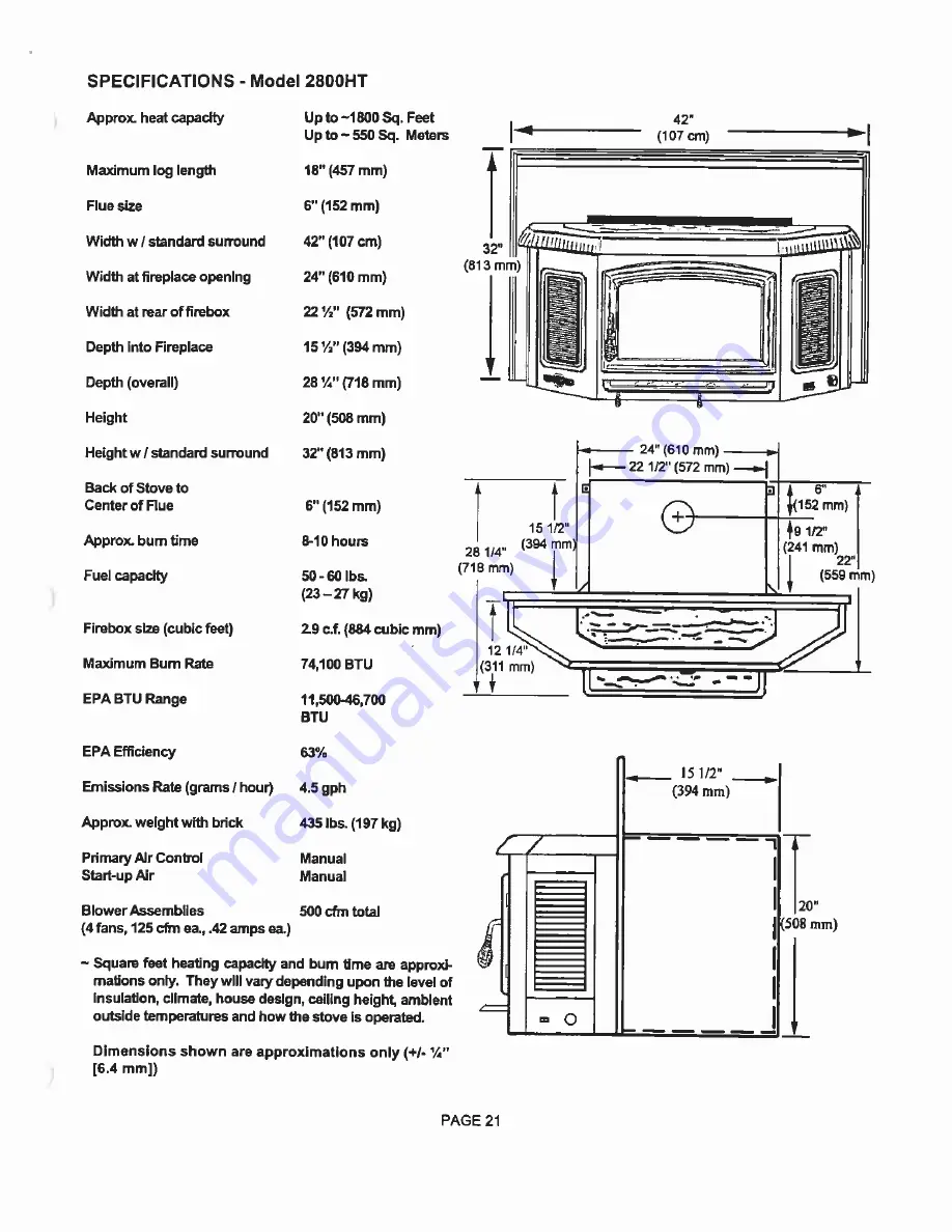 Earth Stove 2800HT Installation And Operation Manual Download Page 21