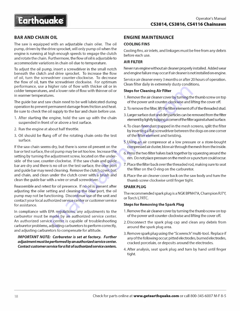 EarthQuake CS3816 Operator'S Manual Download Page 18