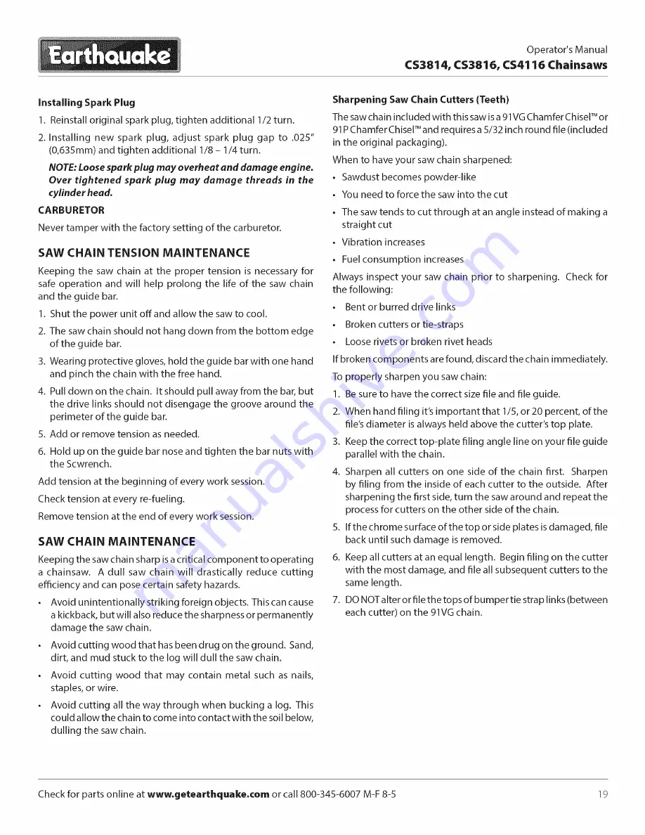 EarthQuake CS3816 Operator'S Manual Download Page 19