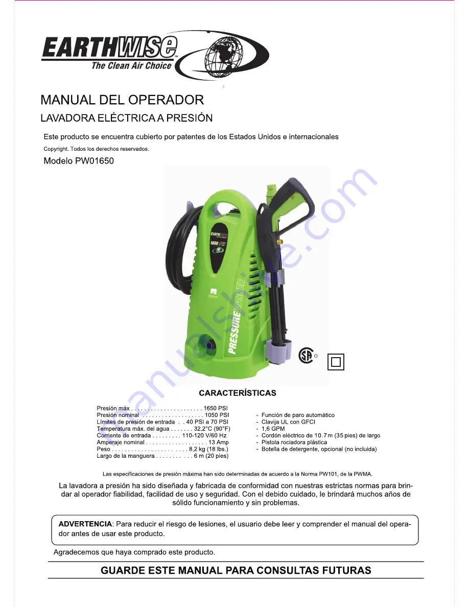 EarthWise PW01650 Operator'S Manual Download Page 8