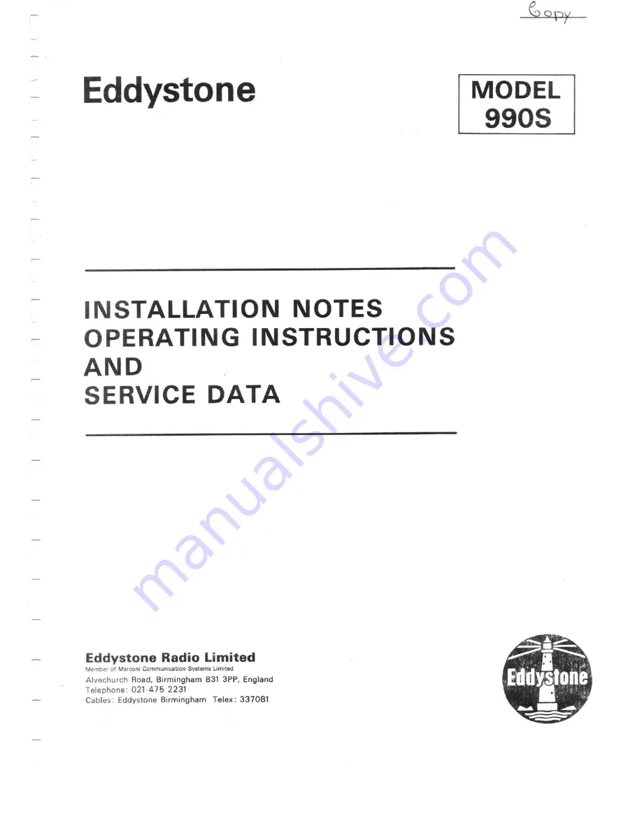 Eddystone 990S Operating Instructions And Service Manual Download Page 1