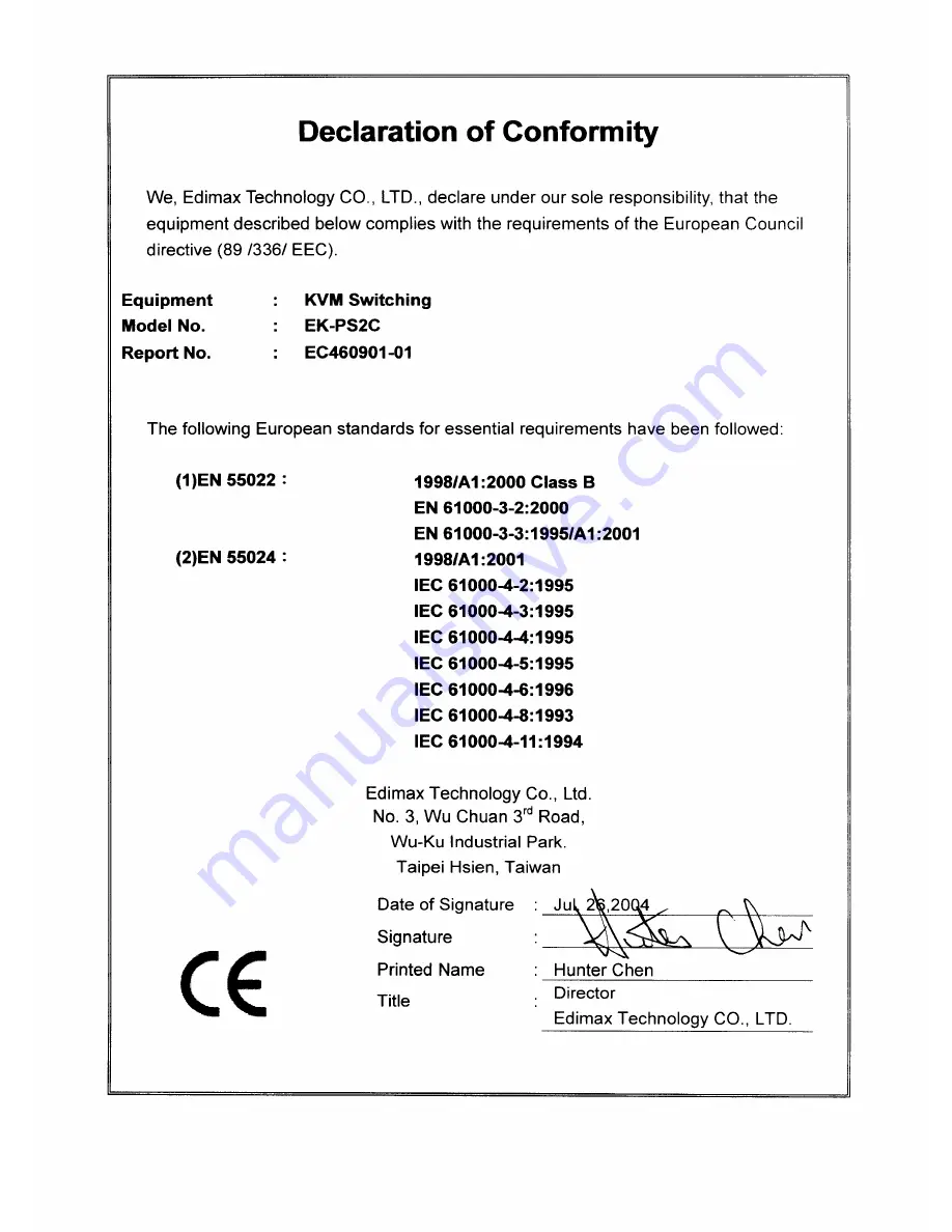 Edimax EK-PS2C Declaration Of Conformity Download Page 1