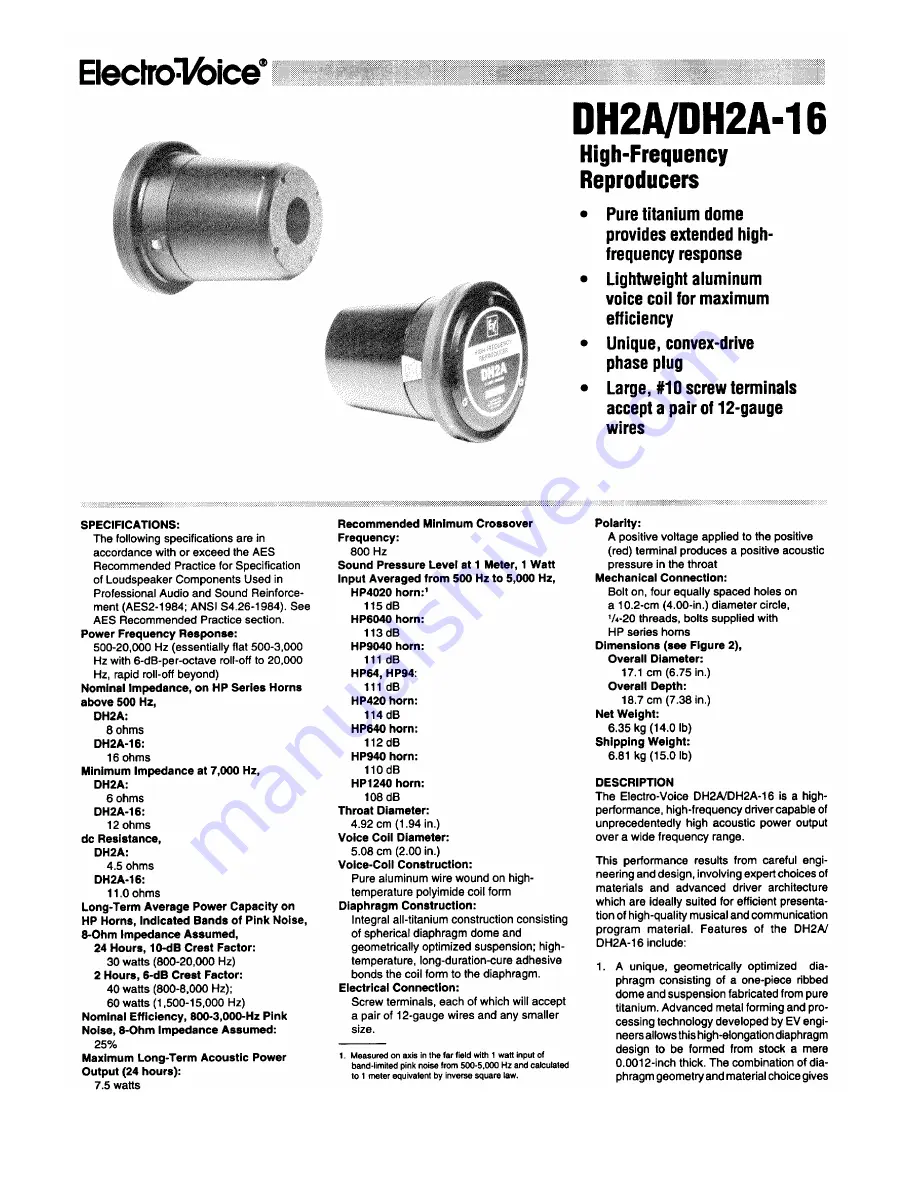 Electro-Voice DH2A User Manual Download Page 1