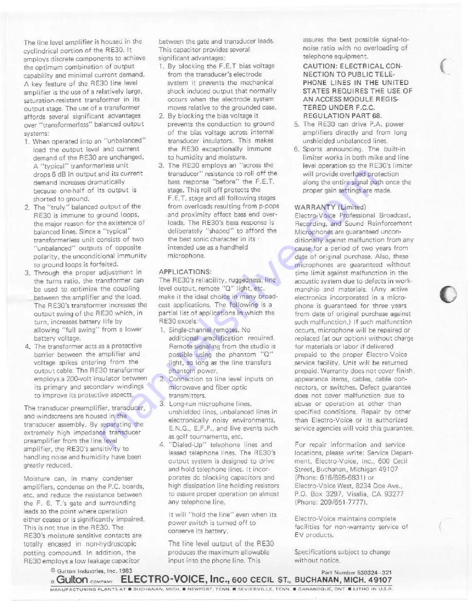 Electro-Voice RE30 Specification Sheet Download Page 4