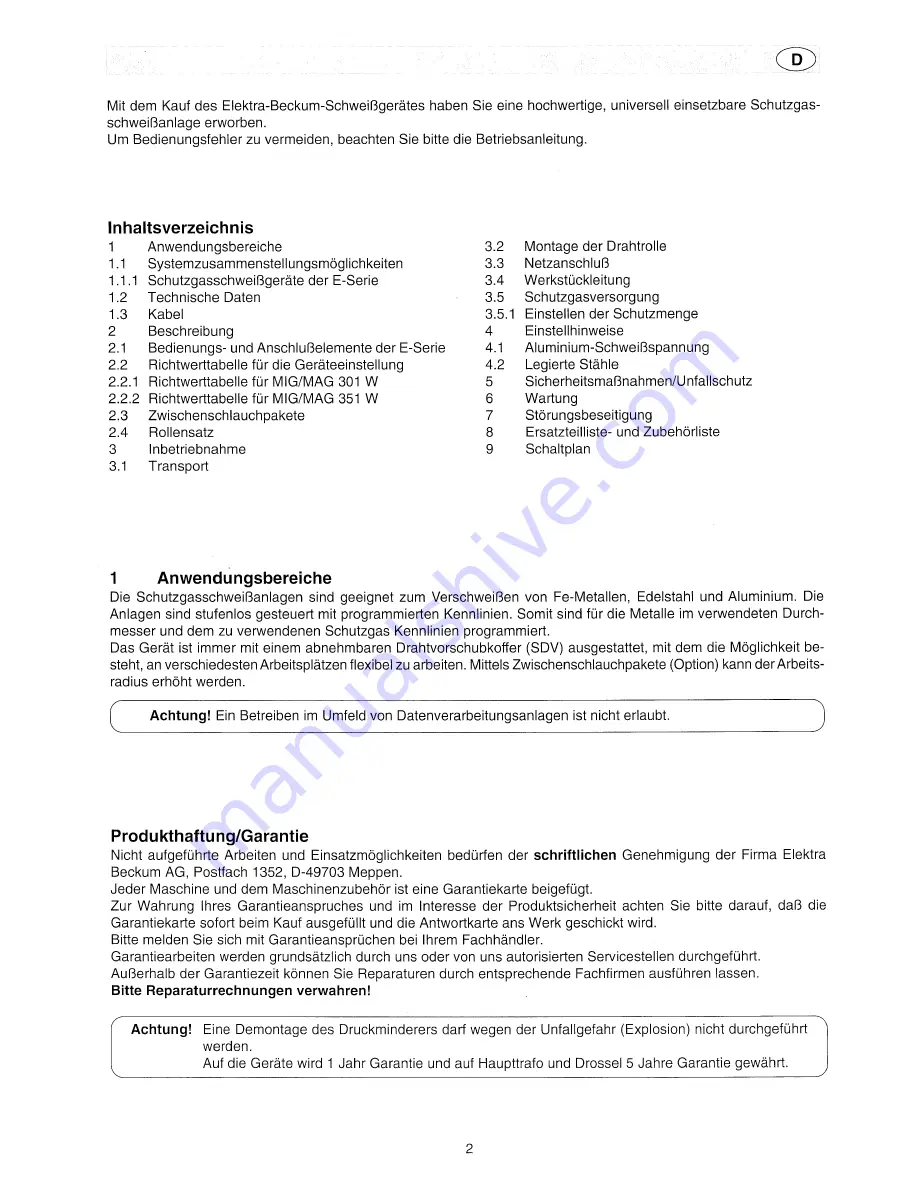 Elektra Beckum MIG/MAG Welding Machine MIG/MAG 301 E Operating Instructions Manual Download Page 2