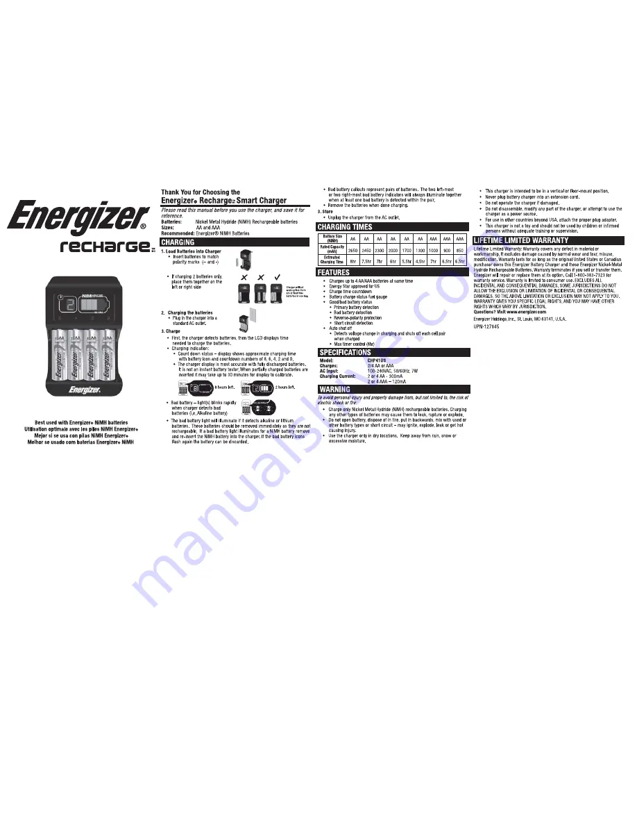 Energizer Recharge Smart CHP41US Скачать руководство пользователя страница 1