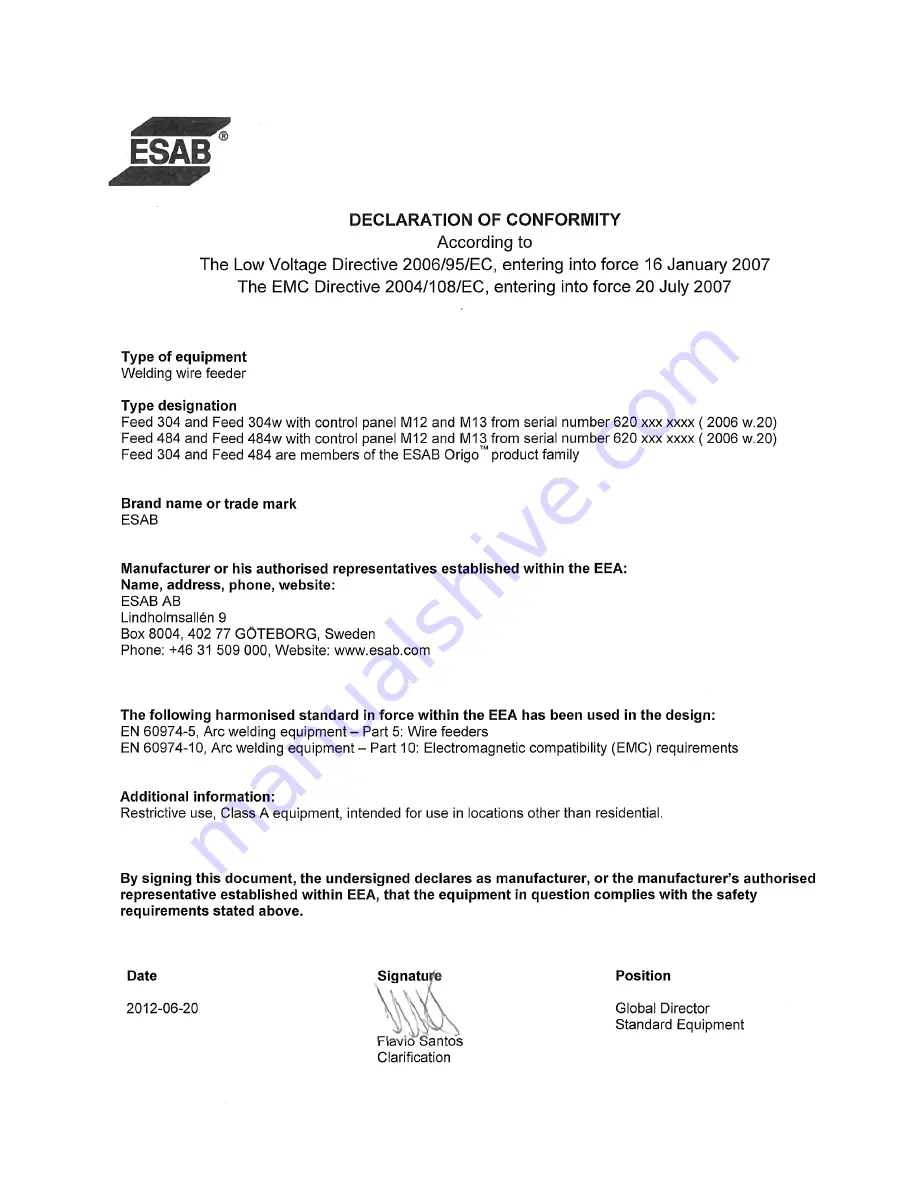 ESAB Origo M13 Feed 304 Instruction Manual Download Page 2