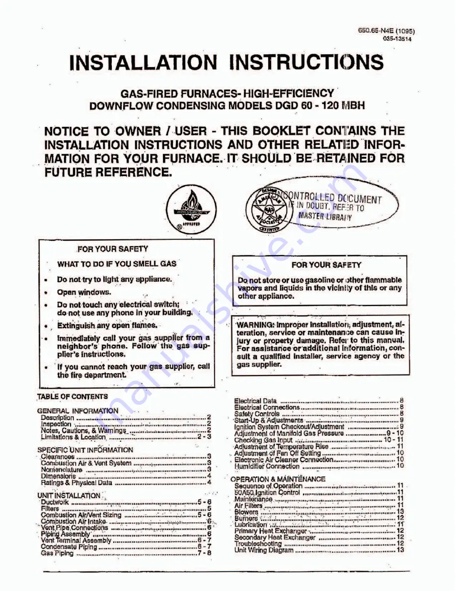 Evcon DGD 120 MBH Installation Instructions Manual Download Page 1