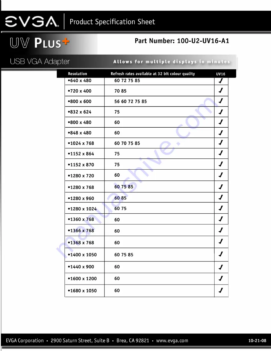 EVGA UV Plus 100-U2-UV16-A1 Product Specification Sheet Download Page 2