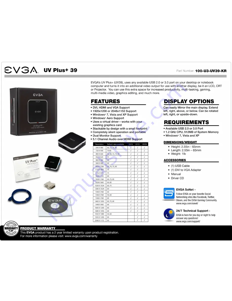 EVGA UV Plus+ 39 Specifications Download Page 1