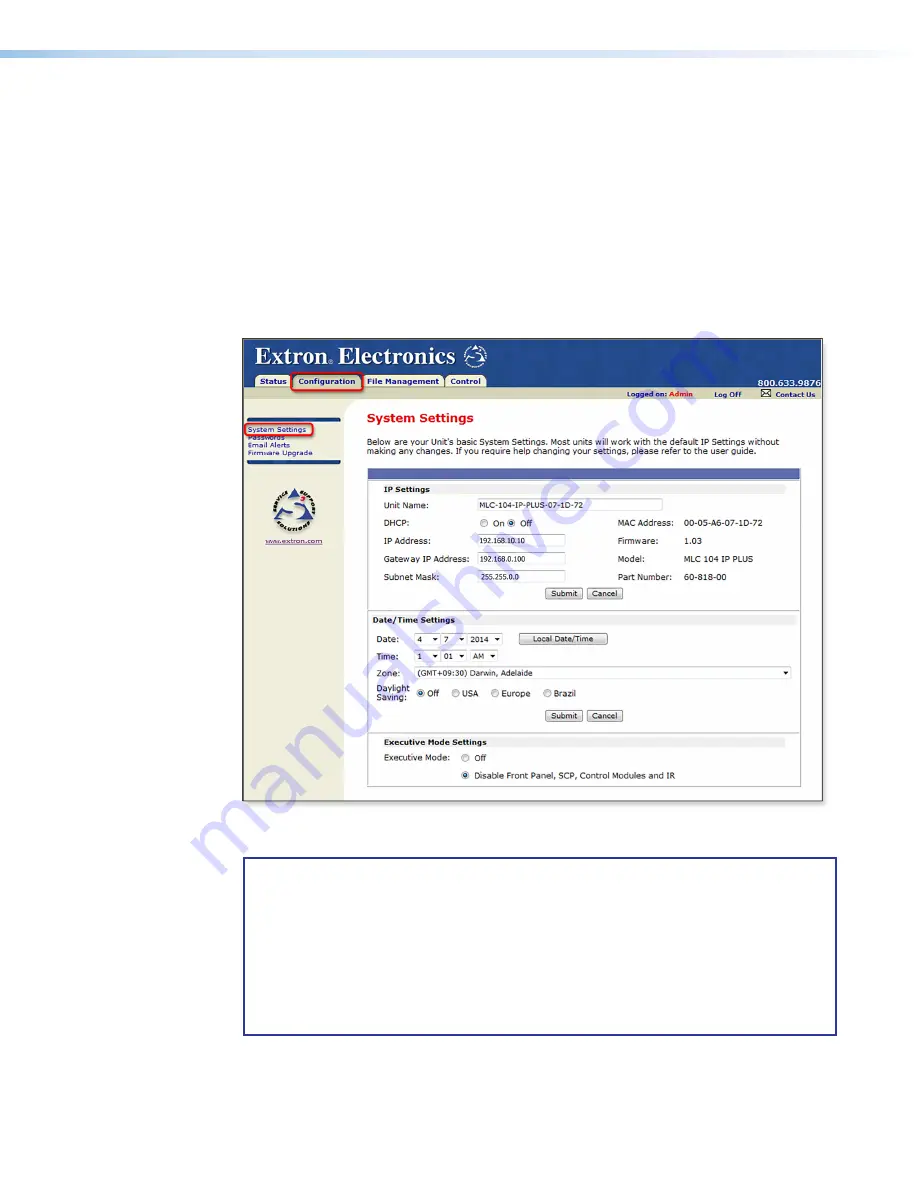 Extron electronics MLC 104 IP Plus Series User Manual Download Page 63