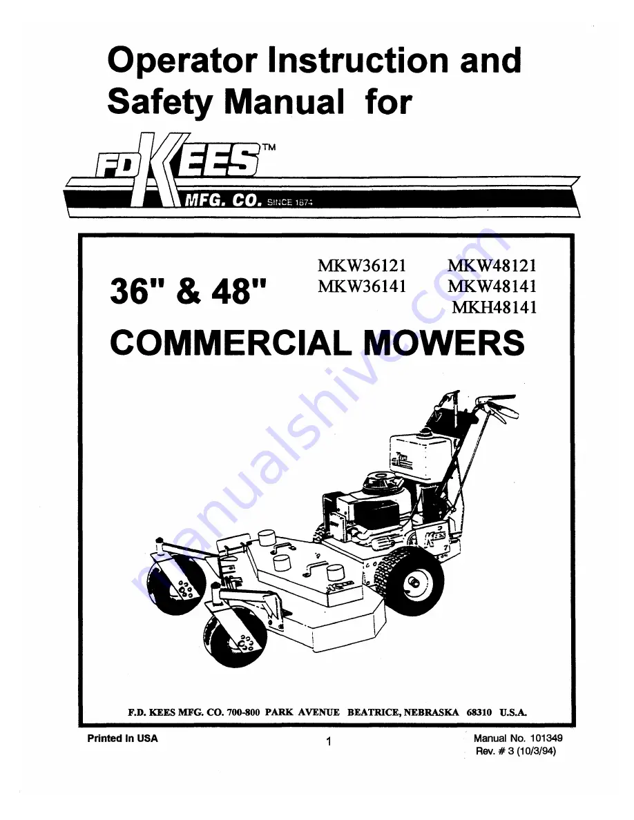 F.D. Kees MKW36121 Operator Instruction And Safety Manual Download Page 1