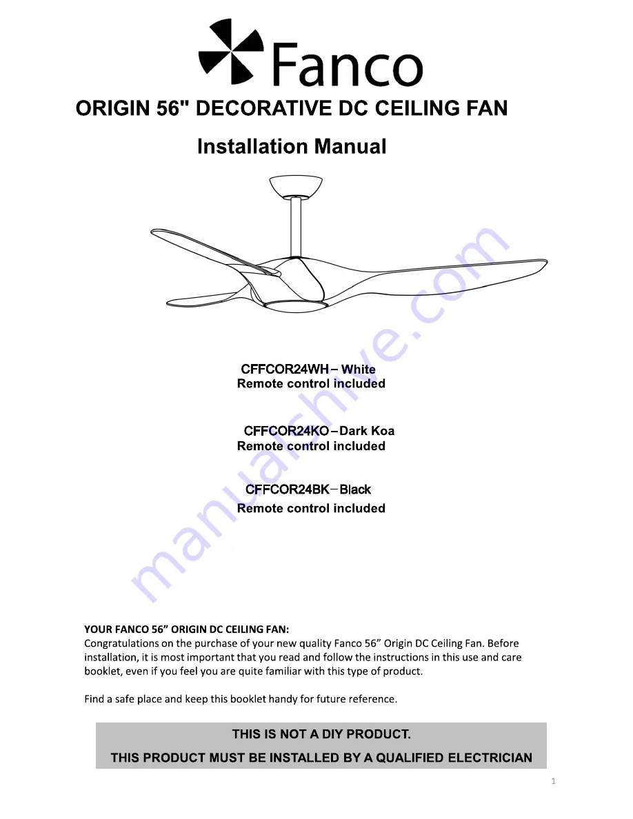 Fanco CFFCOR24WH Installation Manual Download Page 1