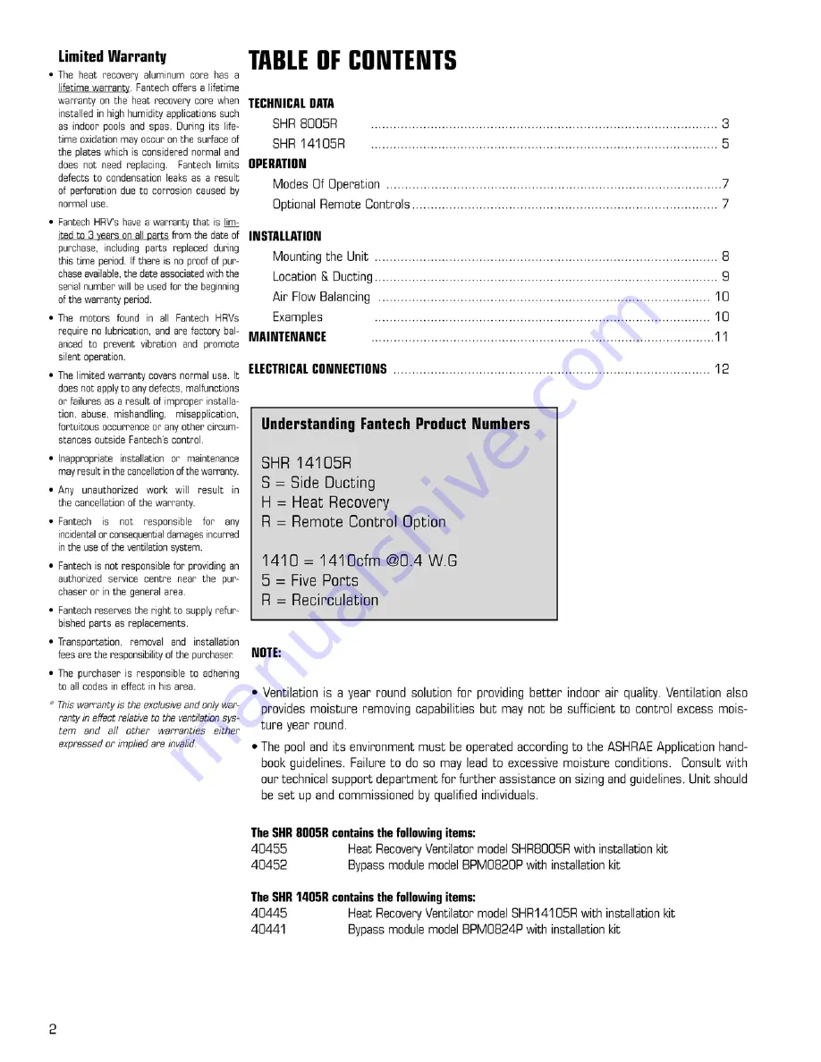 Fantech SHR 14105R Installation Manual Download Page 2