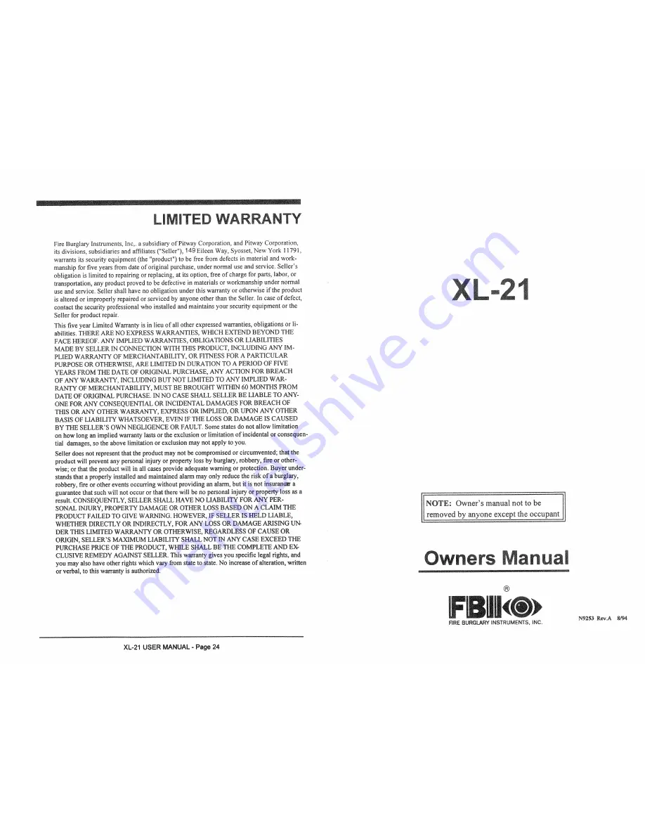 FBII XL-21 Owner'S Manual Download Page 1