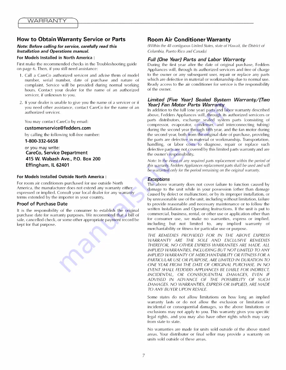 Fedders 23-23-0335N-007 s Installation & Operation Manual Download Page 8