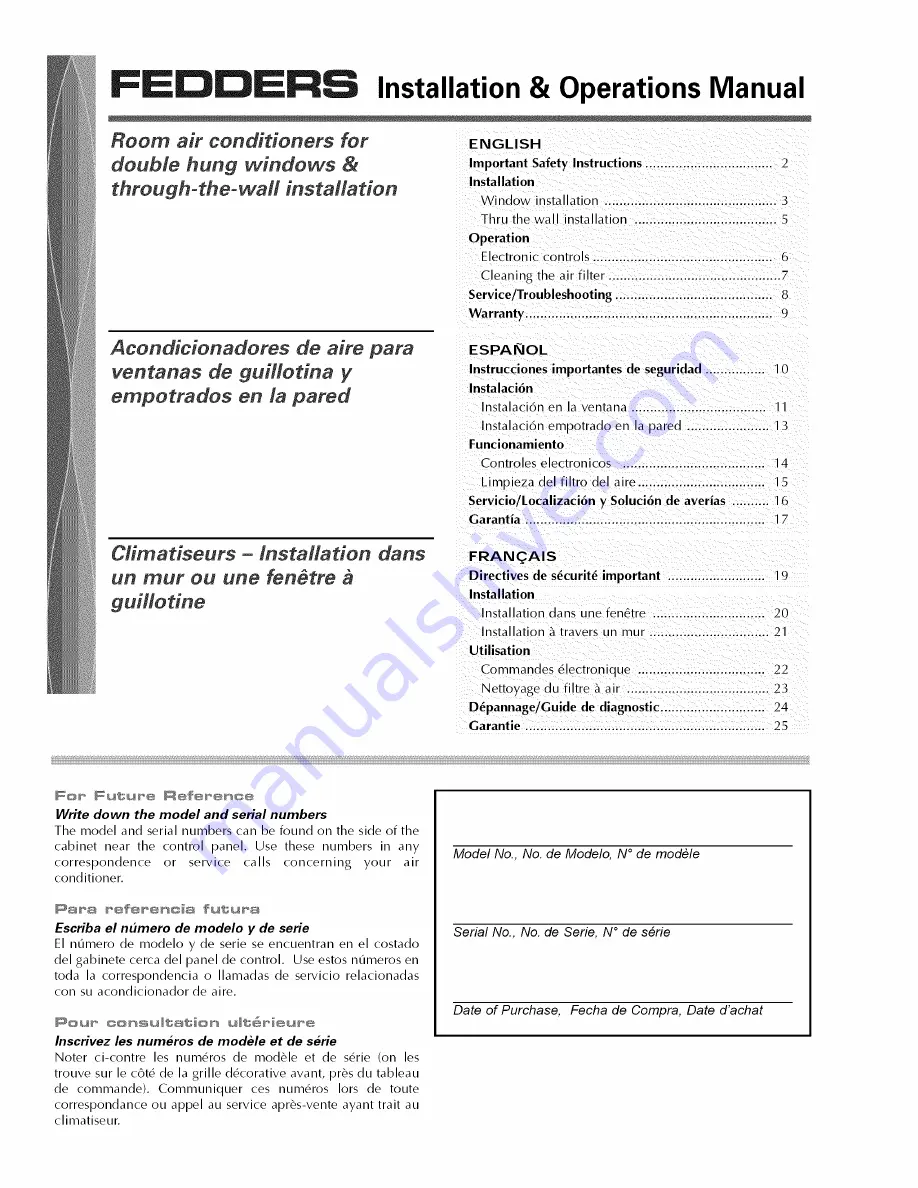 Fedders 23-23-0355N-003 s Installation & Operation Manual Download Page 1