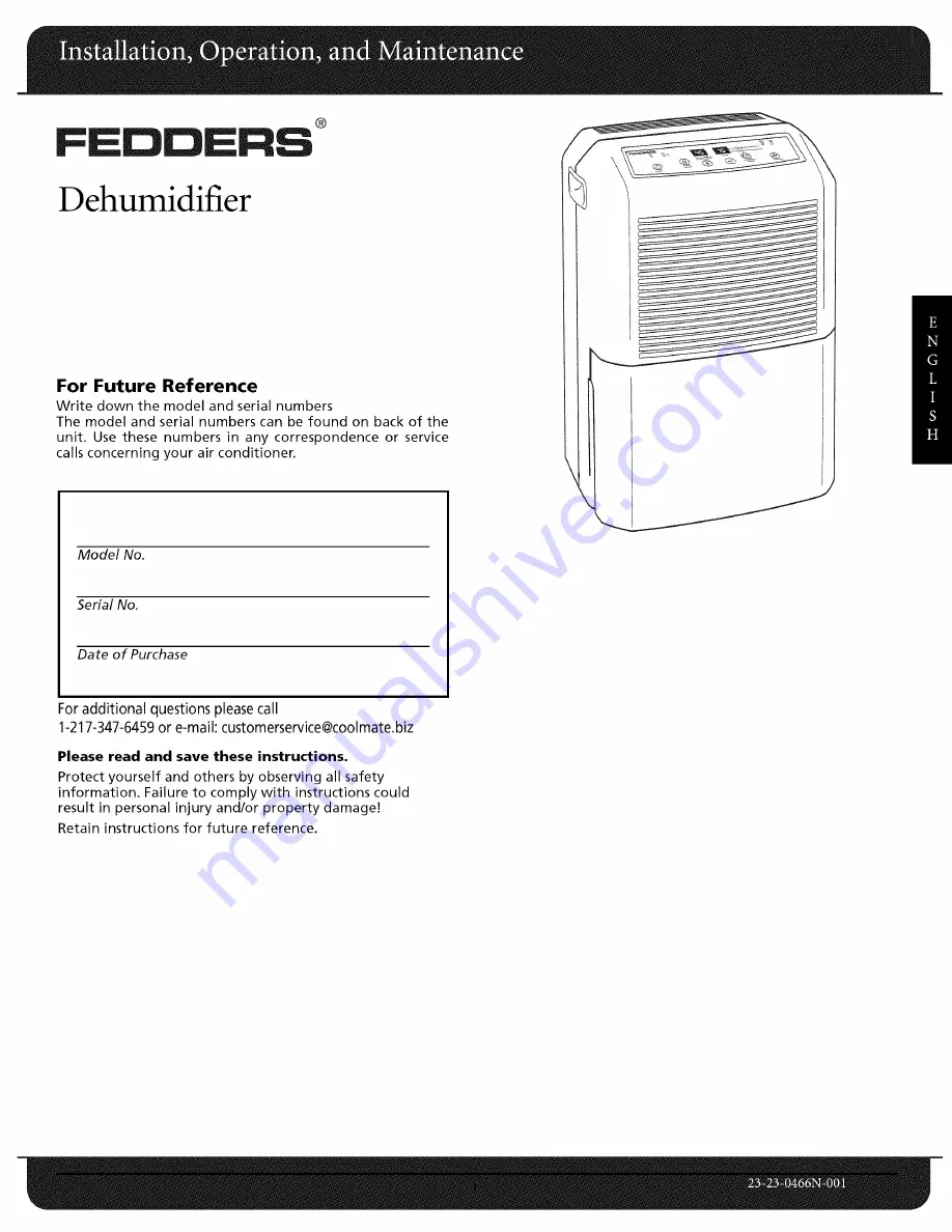 Fedders 23-23-0466N-001 Installation, Operation & Maintenance Instructions Manual Download Page 1