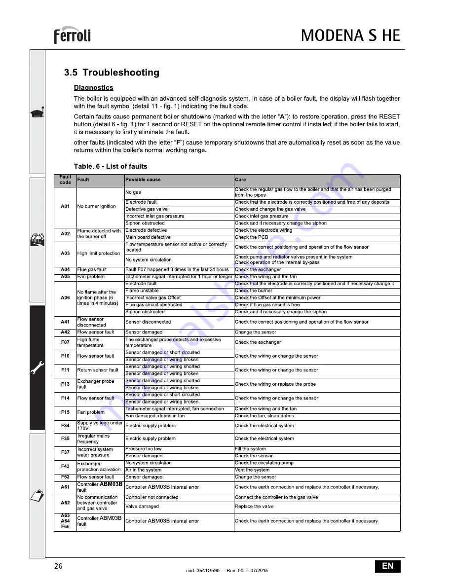 Ferroli MODENA 18S HE Instructions For Use, Installation And Maintenance Download Page 26