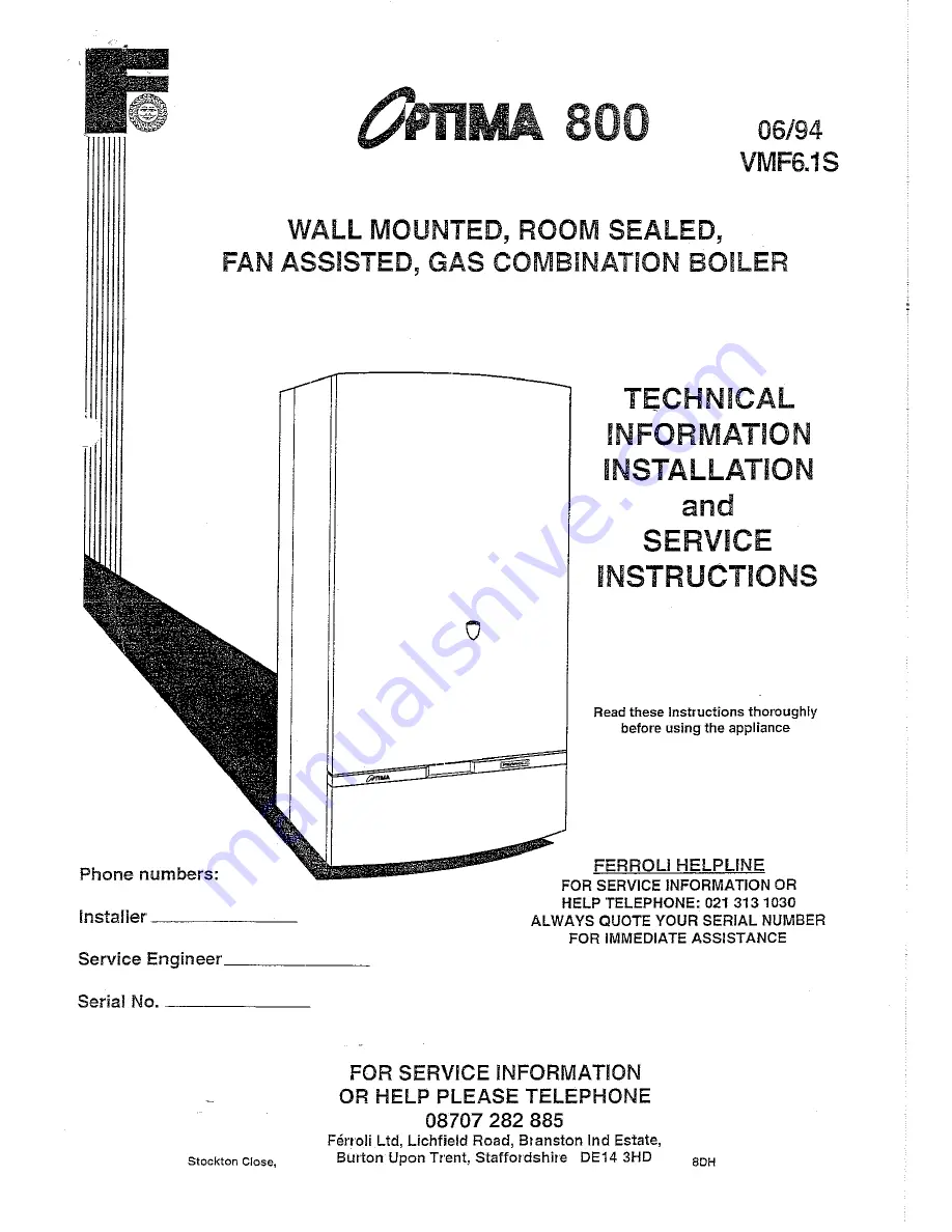 Ferroli optima 800 Technical Information Installation And Service Instruction Download Page 1