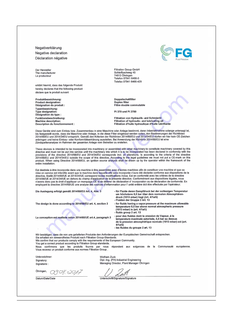 Filtration Group Pi 370 Translation Of Original Instructions Download Page 20