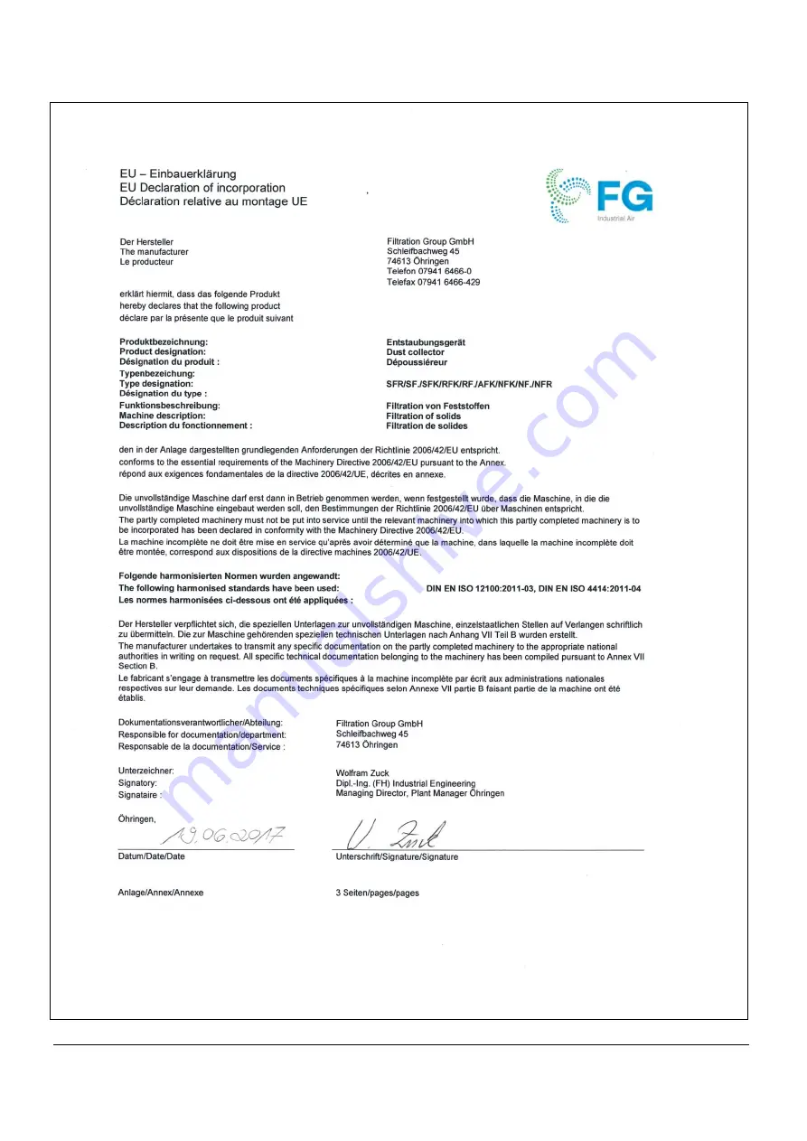 Filtration Group SFK-01 KG Translation Of The Original Instructions Download Page 18