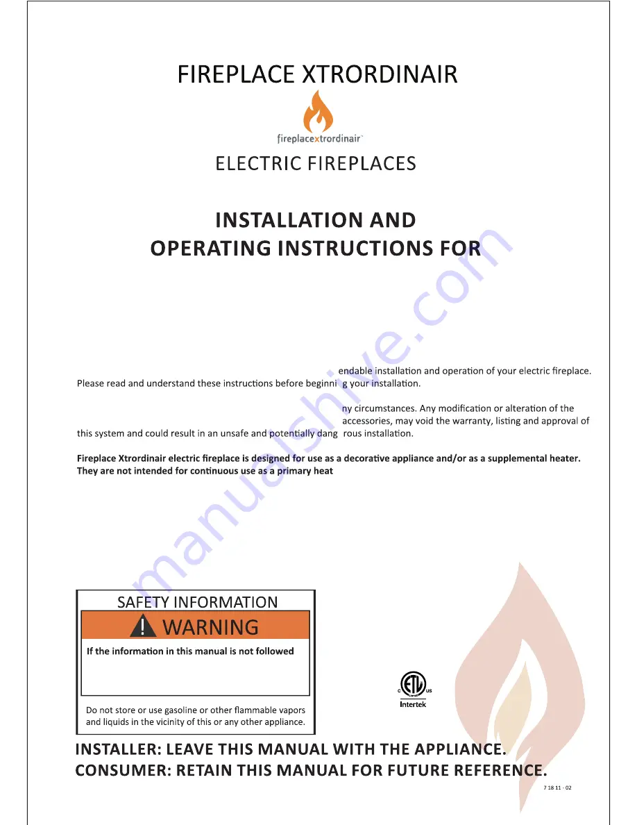 FireplaceXtrordinair 98501021 FPL ELECTRIC 51 Installation And Operating Instructions Manual Download Page 1