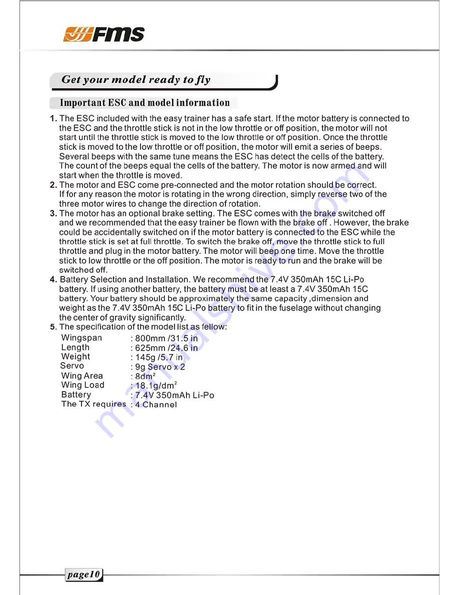 FMS 800mm Fox Operating Manual Download Page 13