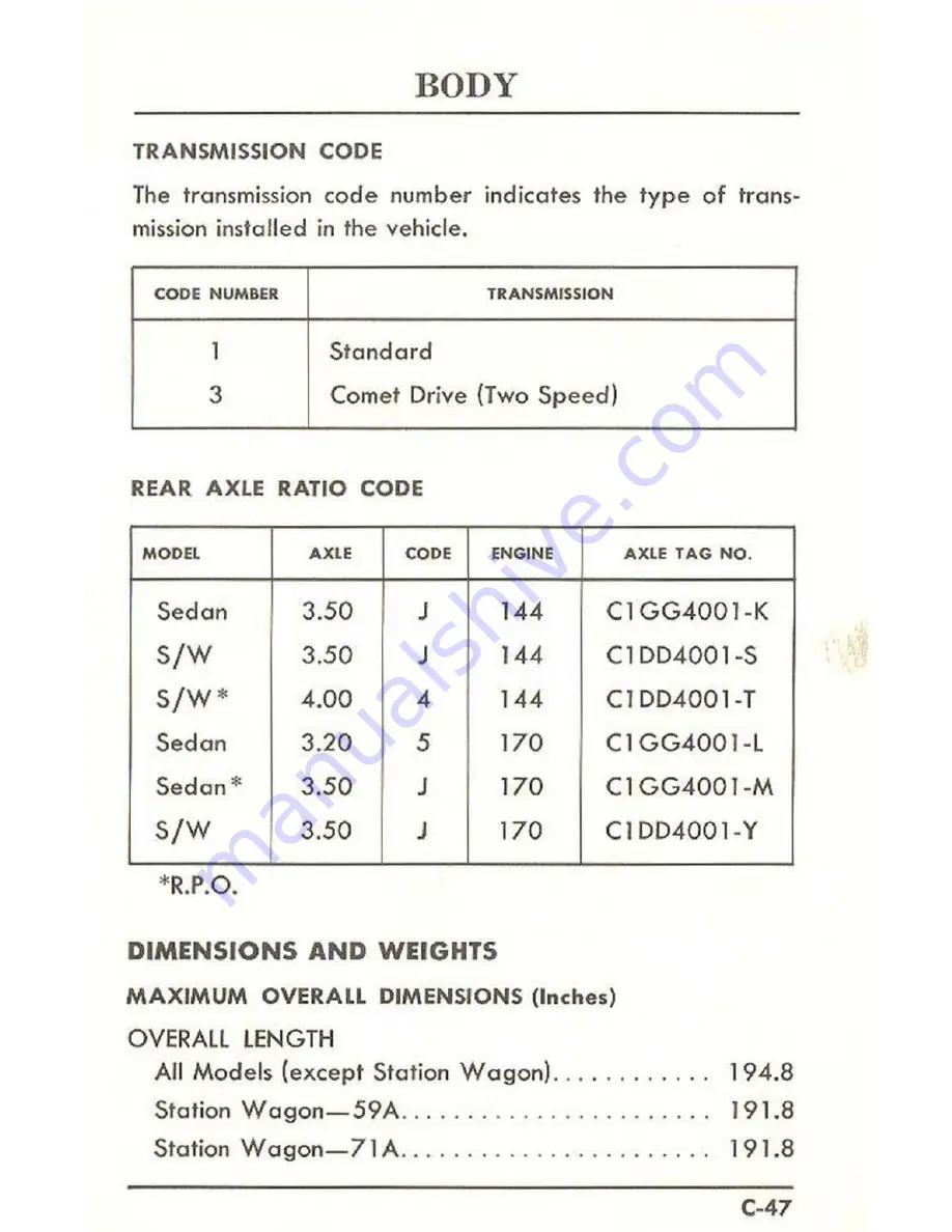 Ford 1961 Comet Service Specifications Handbook Download Page 52