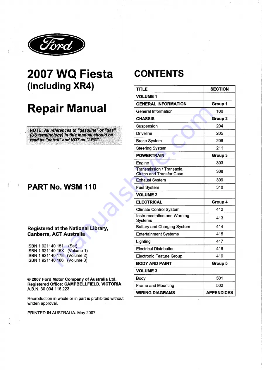 Ford 2007 WQ Fiesta Repair Manual Download Page 1