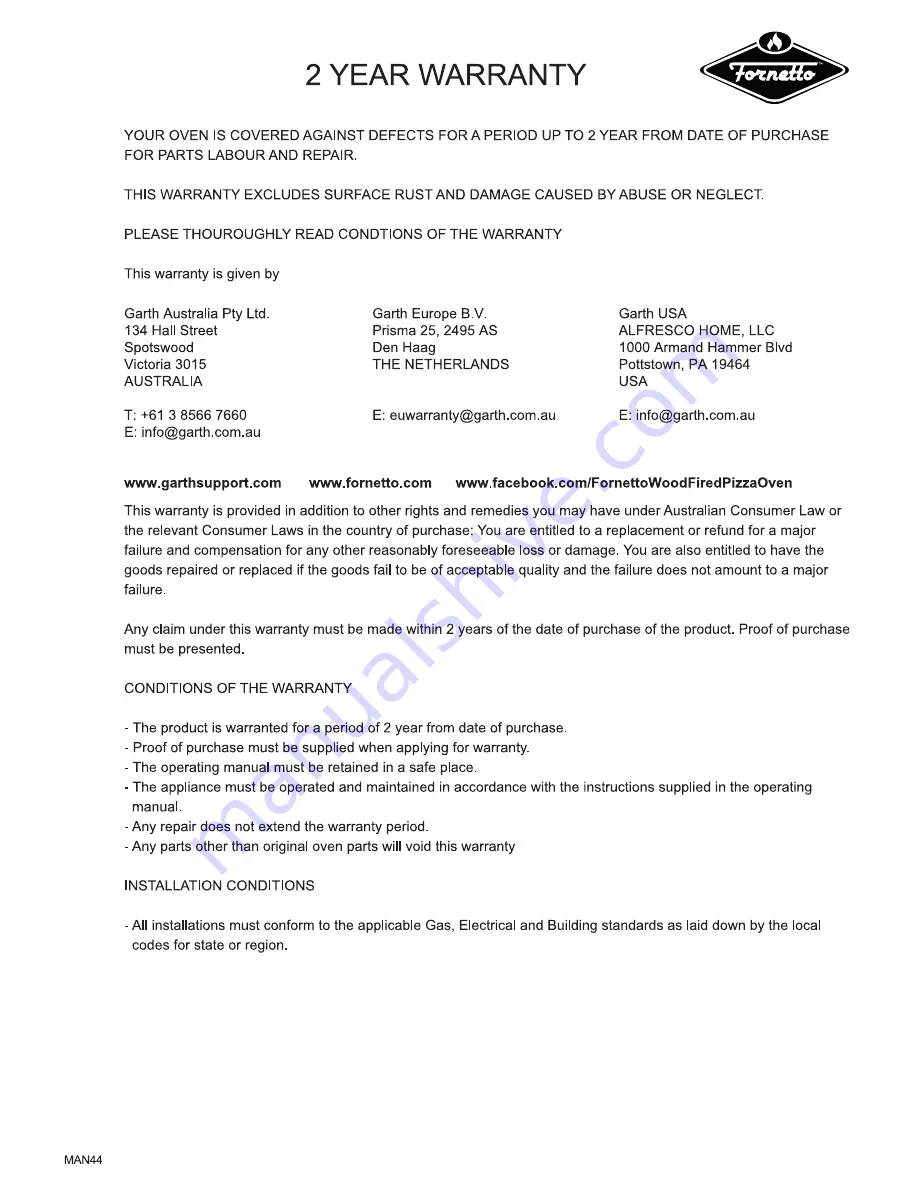 Fornetto PZ-7 Operating Manual Download Page 44