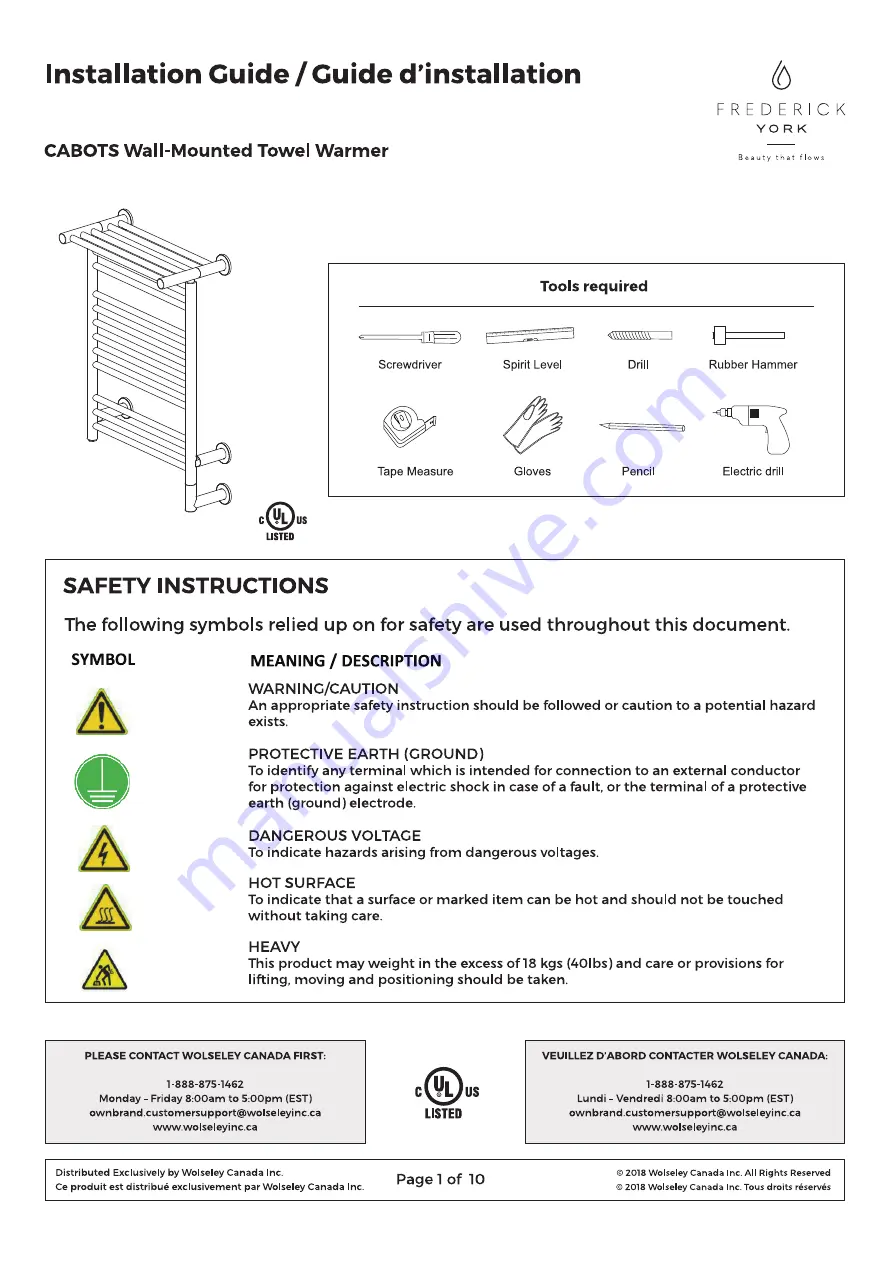 Frederick York Cabots Wall-mounted towel warmer Installation Manual Download Page 1