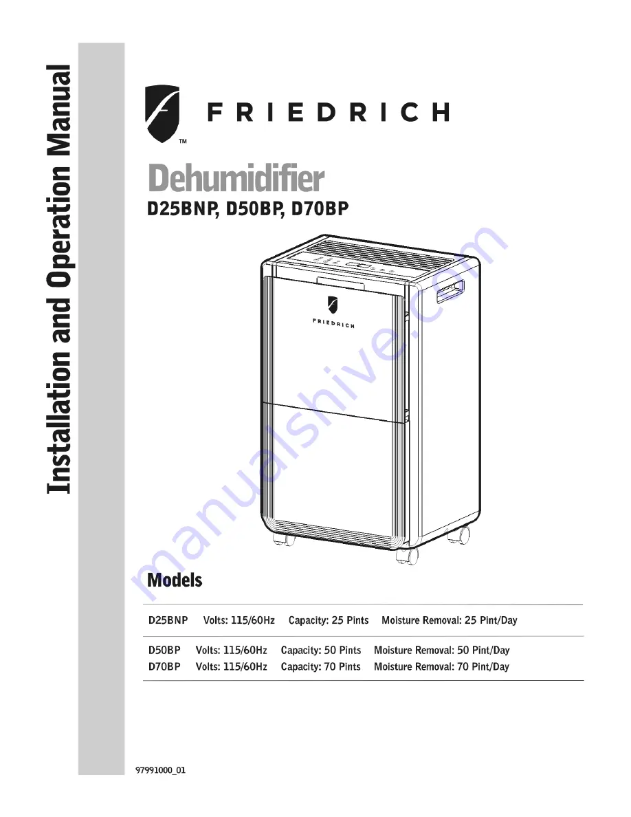 Friedrich D25BNP Installation And Operation Manual Download Page 1