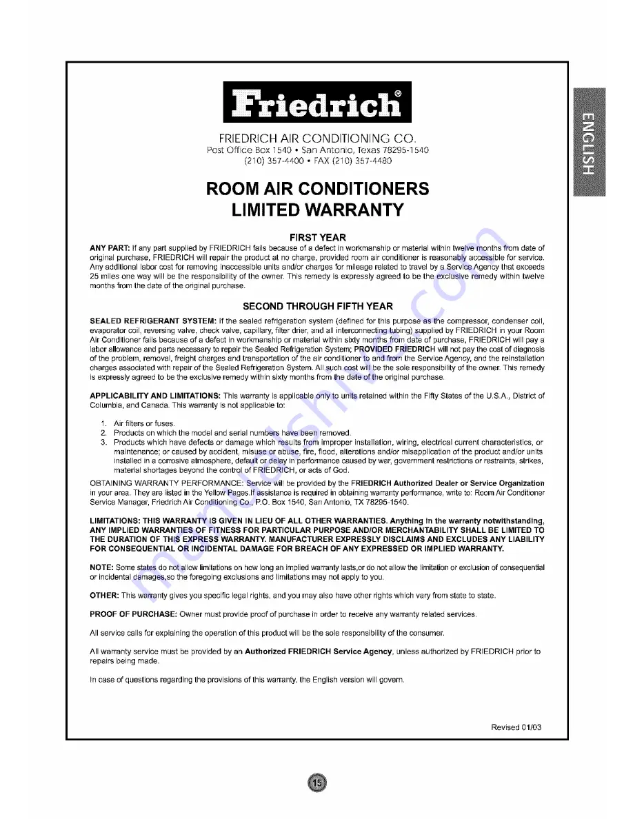 Friedrich SV08A10 Installation And Operation Manual Download Page 16