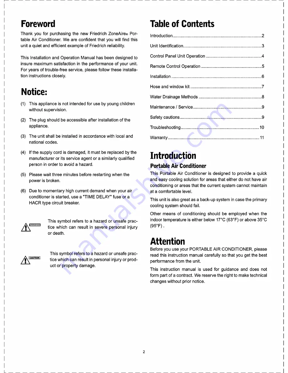 Friedrich ZoneAir P09B Installation & Operation Manual Download Page 2