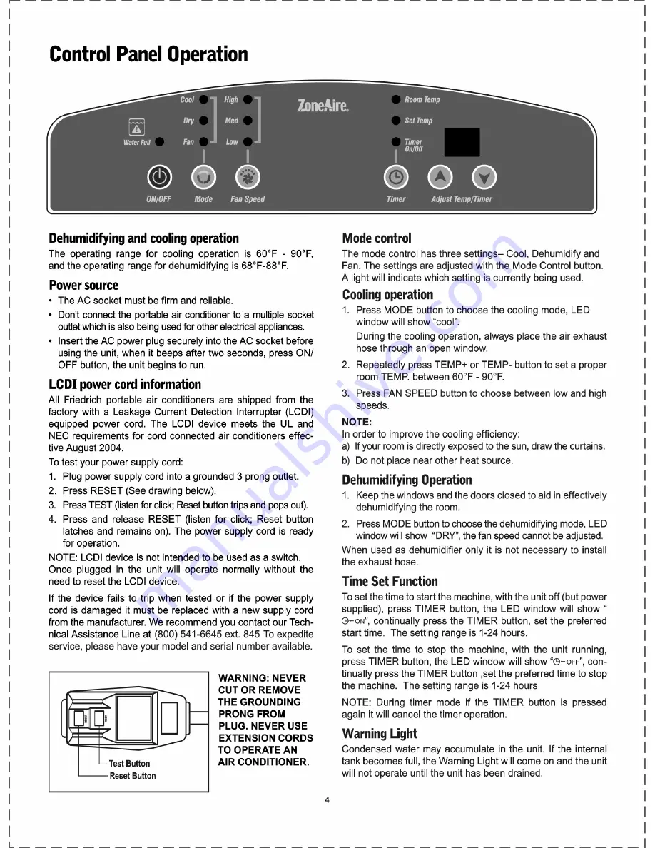 Friedrich ZoneAir P09B Installation & Operation Manual Download Page 4