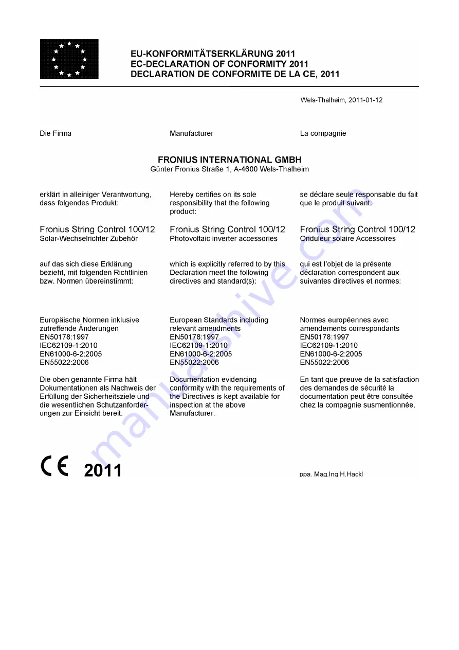 Fronius String Control 100/12 Operating Instructions Manual Download Page 180