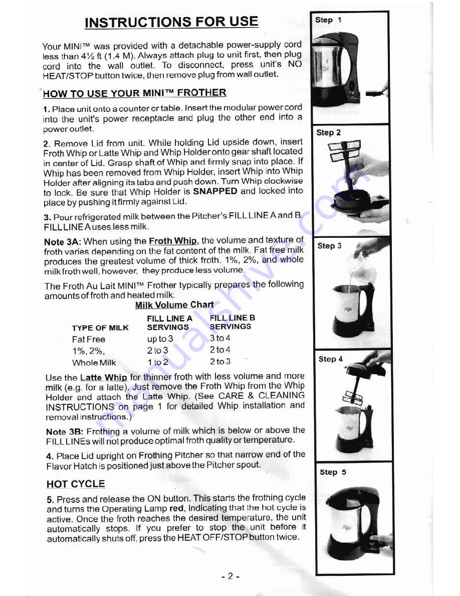 Froth Au Lait FALM-SB Mini Owners Manual And Use Manual Download Page 4