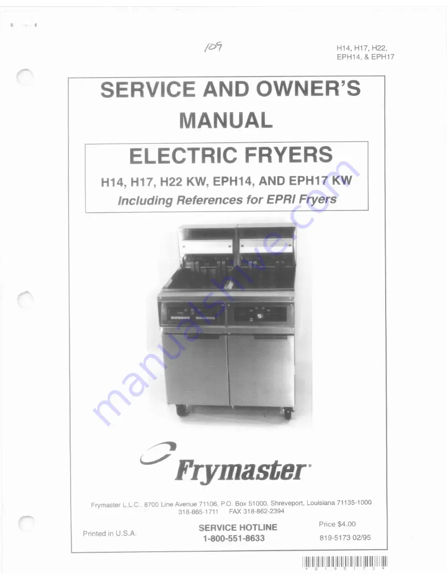 Frymaster EPH14 Service And Owner'S Manual Download Page 1