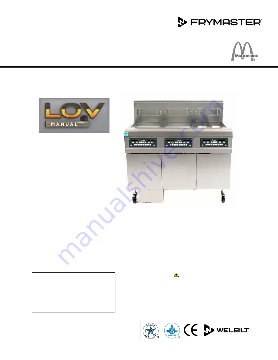 Frymaster LOV BIGL30 Series Installation, Operation And Maintenance Manual Download Page 1