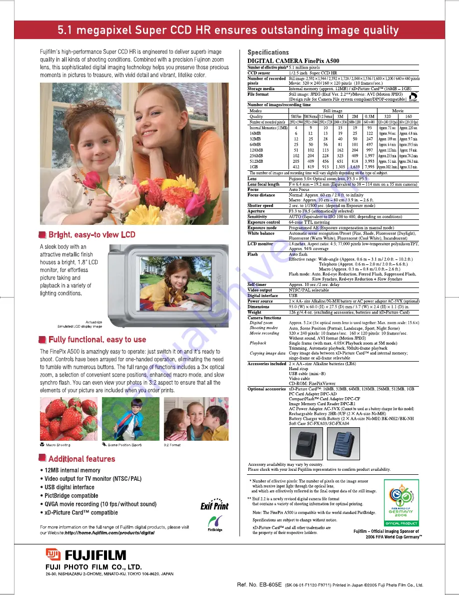 FujiFilm FINEPIX A500 Specifications Download Page 2