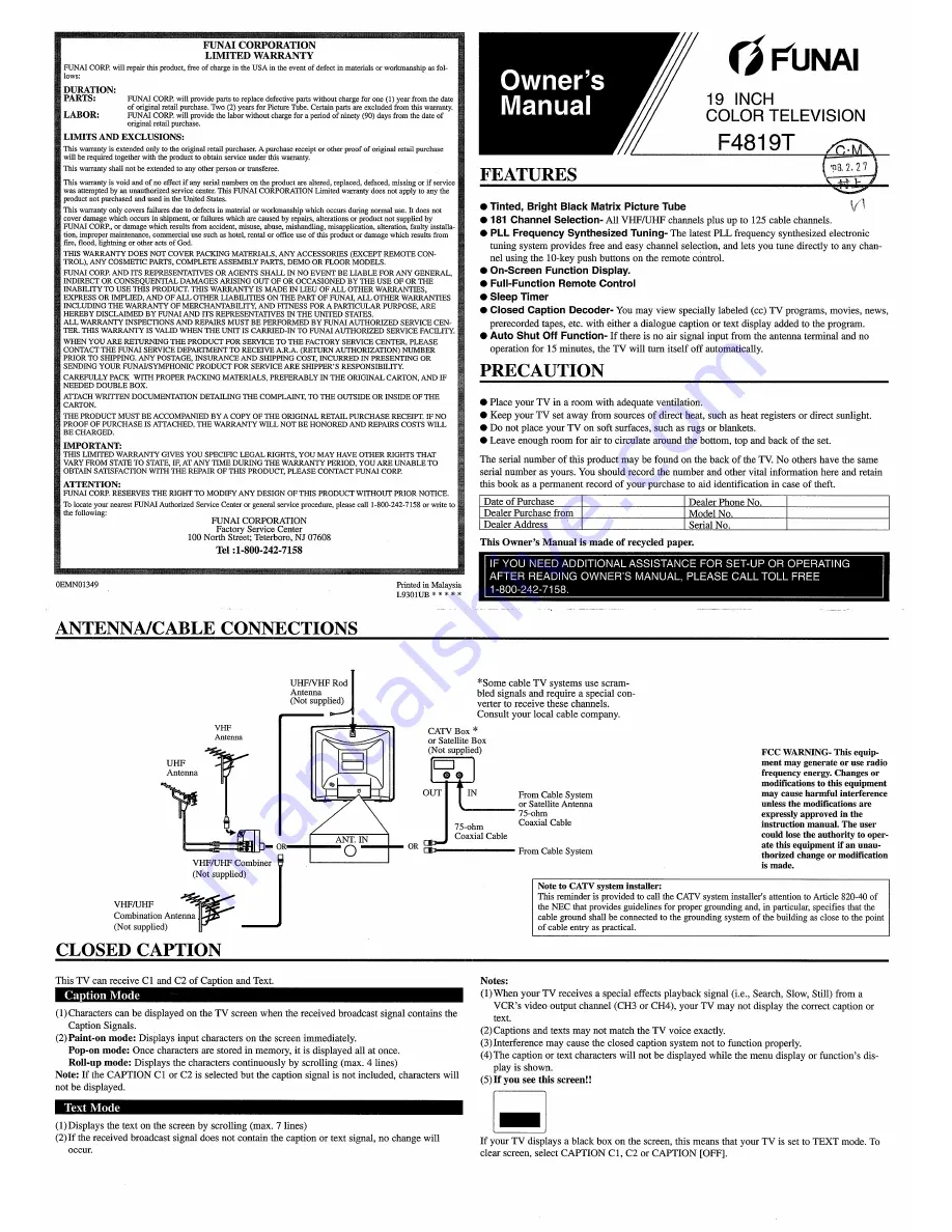 FUNAI F4819T Owner'S Manual Download Page 1