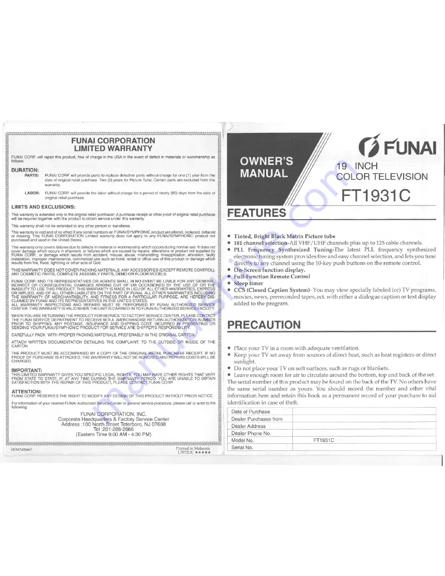 FUNAI FT1931C Owner'S Manual Download Page 1