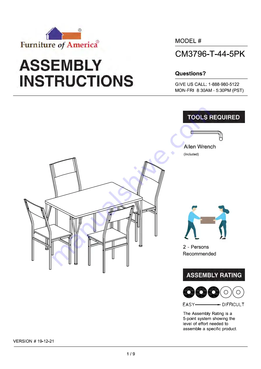 Furniture of America CM3796-T-44-5PK Скачать руководство пользователя страница 1