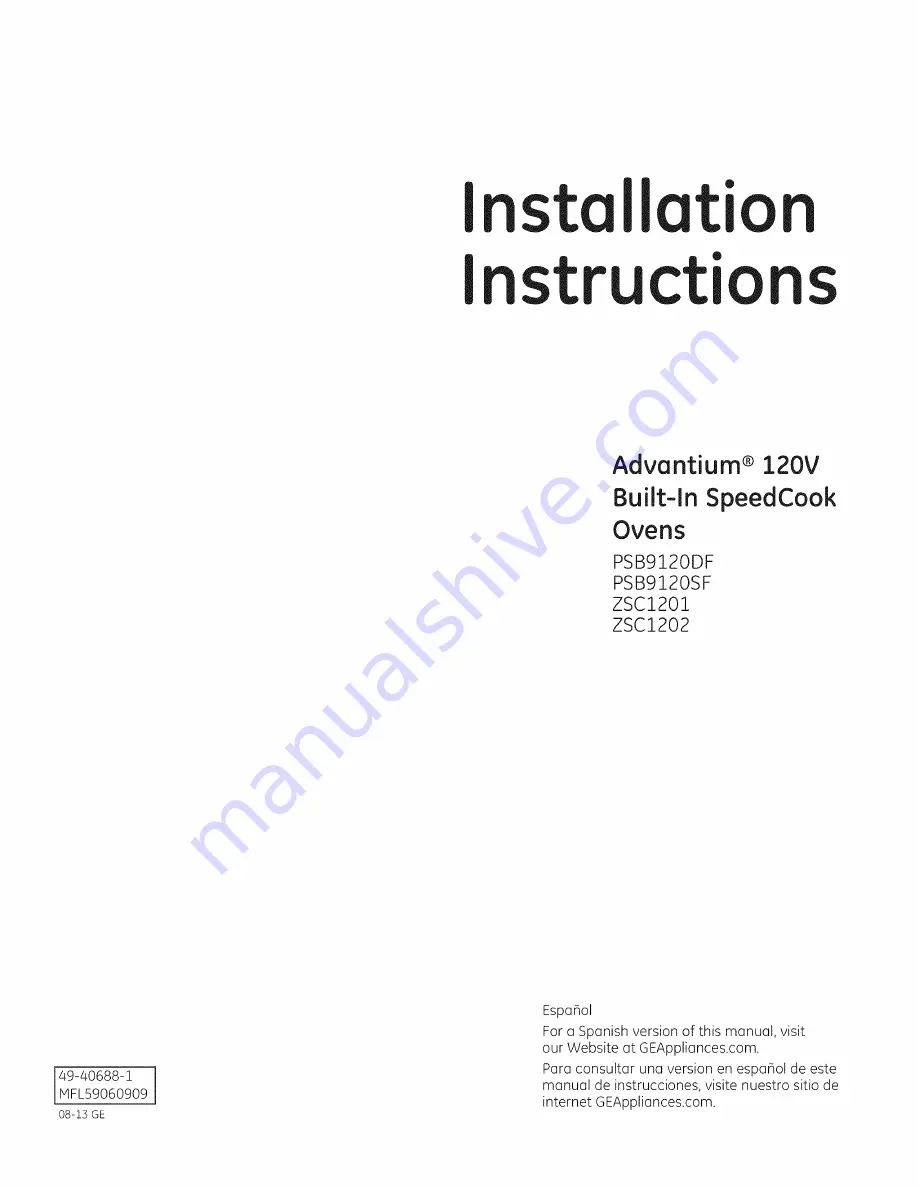 GE Advantium PSB9120DF Installation Instructions Manual Download Page 1