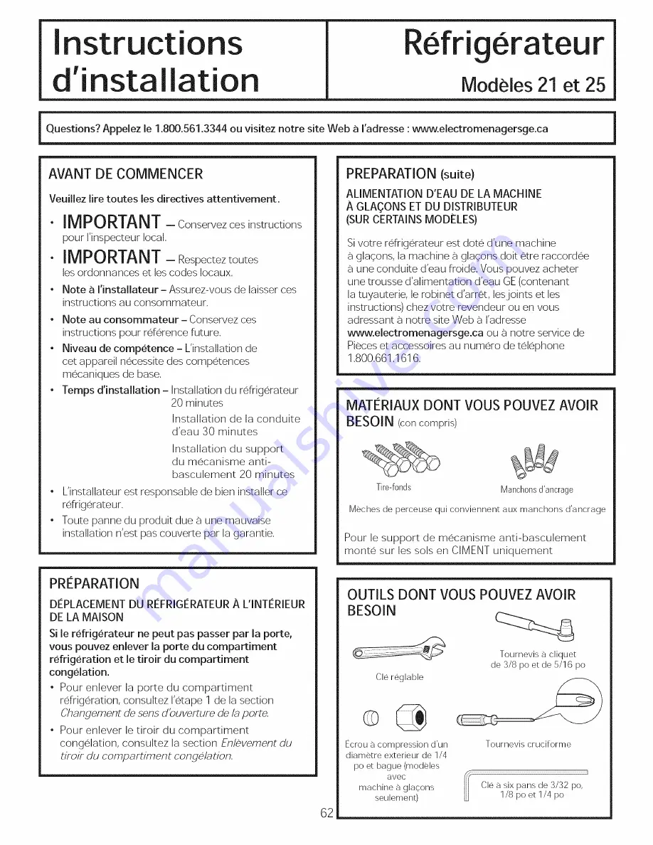 GE Appliances 25 Owner'S Manual & Installation Instructions Download Page 62