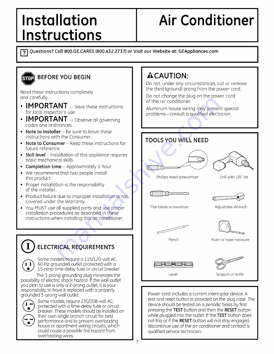 GE Appliances AHM24DPH1 Owner'S Manual And Installation Instructions Download Page 7