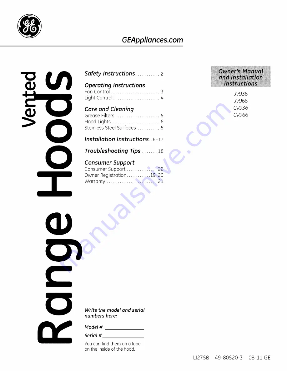 GE Appliances JV936 Owner'S Manual And Installation Instructions Download Page 1