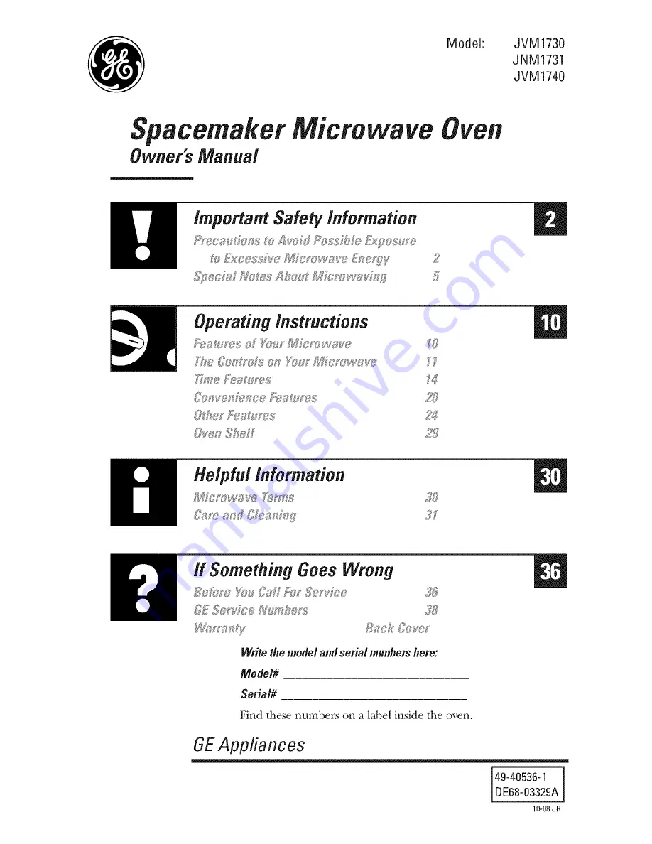 GE Appliances JVM1730 Owner'S Manual Download Page 1